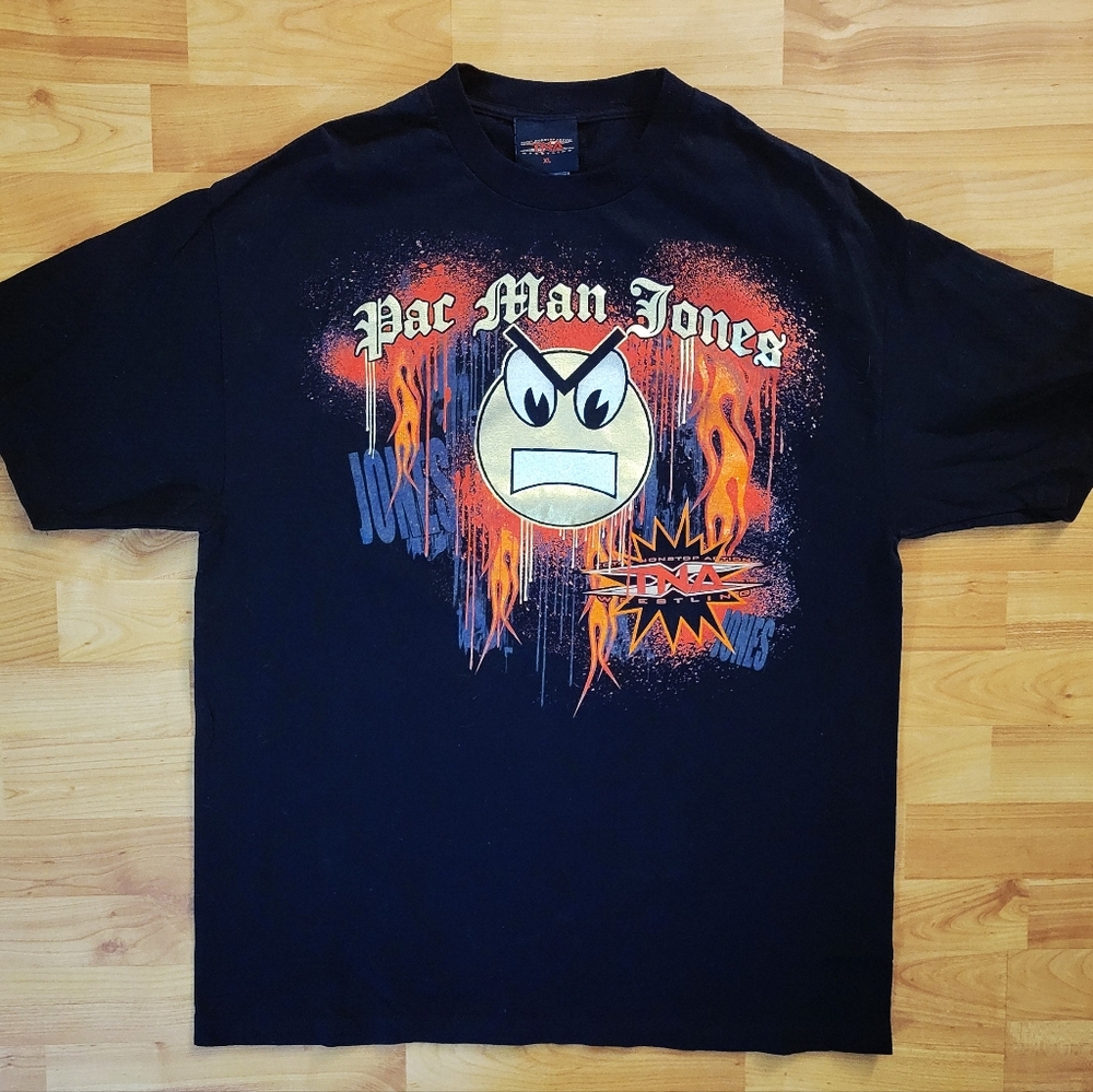 TNA Wrestling PacMan Jones Black Graphic Tee with Flames Pac Attac Artwork, XL